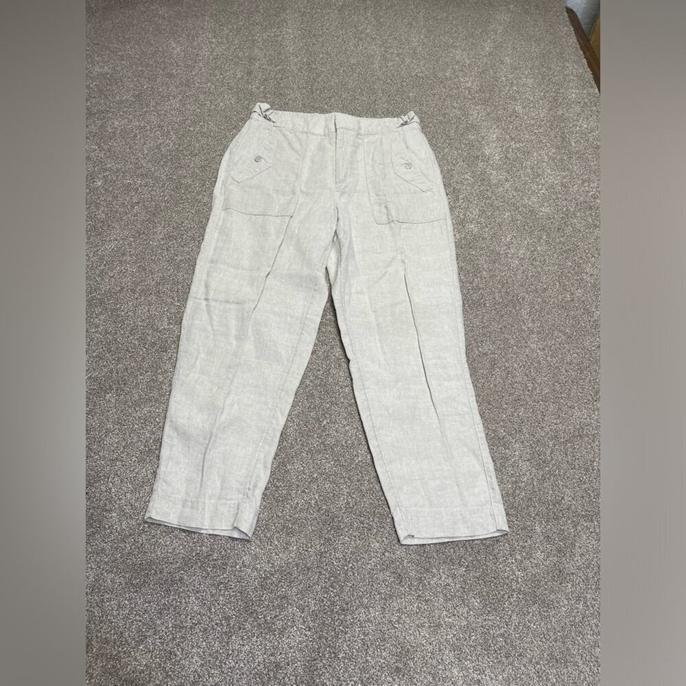 Athleta womens Linen Tapered Ankle Leg Pants Snap Pockets Natural Beige size 12